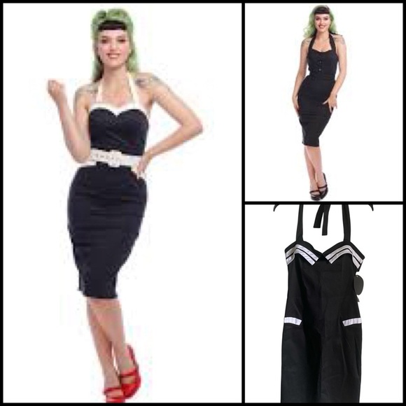Collectif Retro Sailor Halter Rockabilly Straight Pencil Pin Up Black Dress 10 - Picture 1 of 16